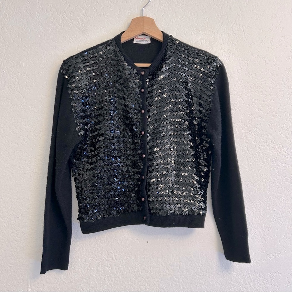 VTG Penrose Black Sequin-Covered Knit Button Cardigan, Size S
